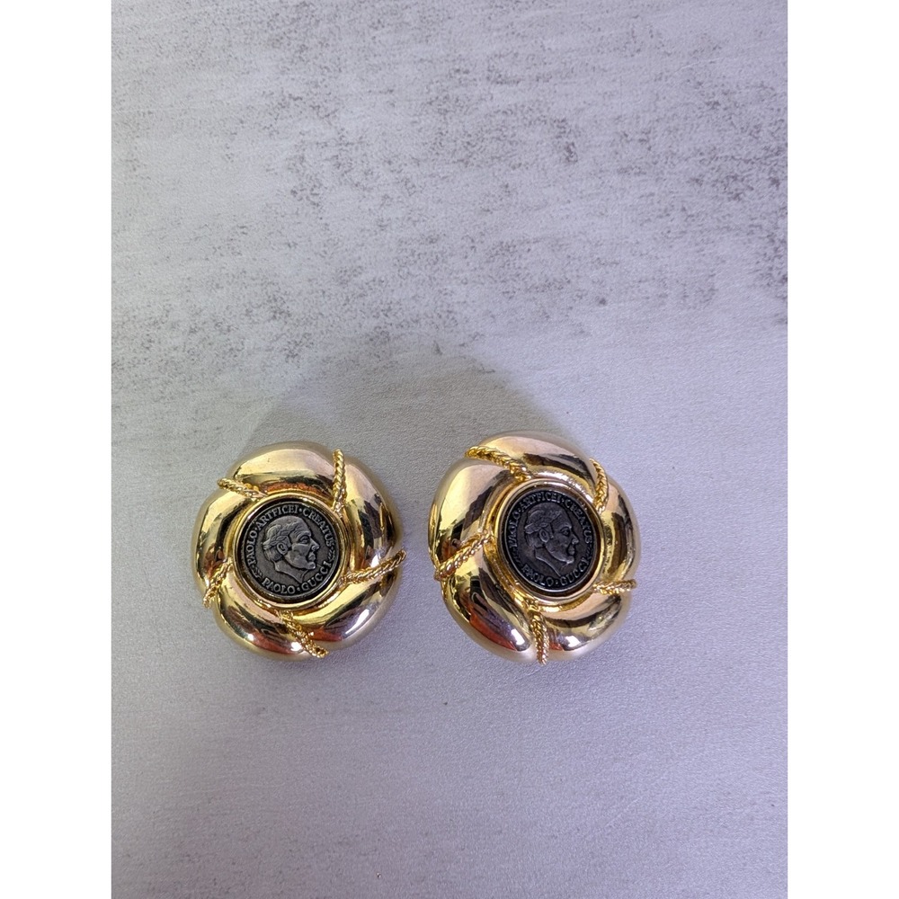 2- PAOLO GUCCI Gold Tone Coin Medallion Chunky Clip-On Earring Authenticate Read